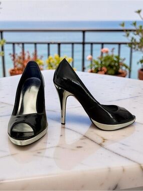 Delicious Black Patent Peep-Toe Heels